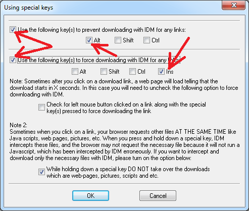 Select key combinations to to prevent or force a download with IDM