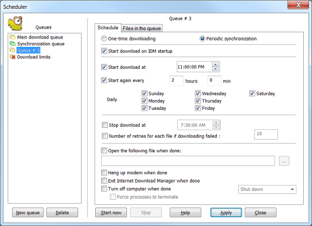 Internet Download Manager 'Scheduler' dialog